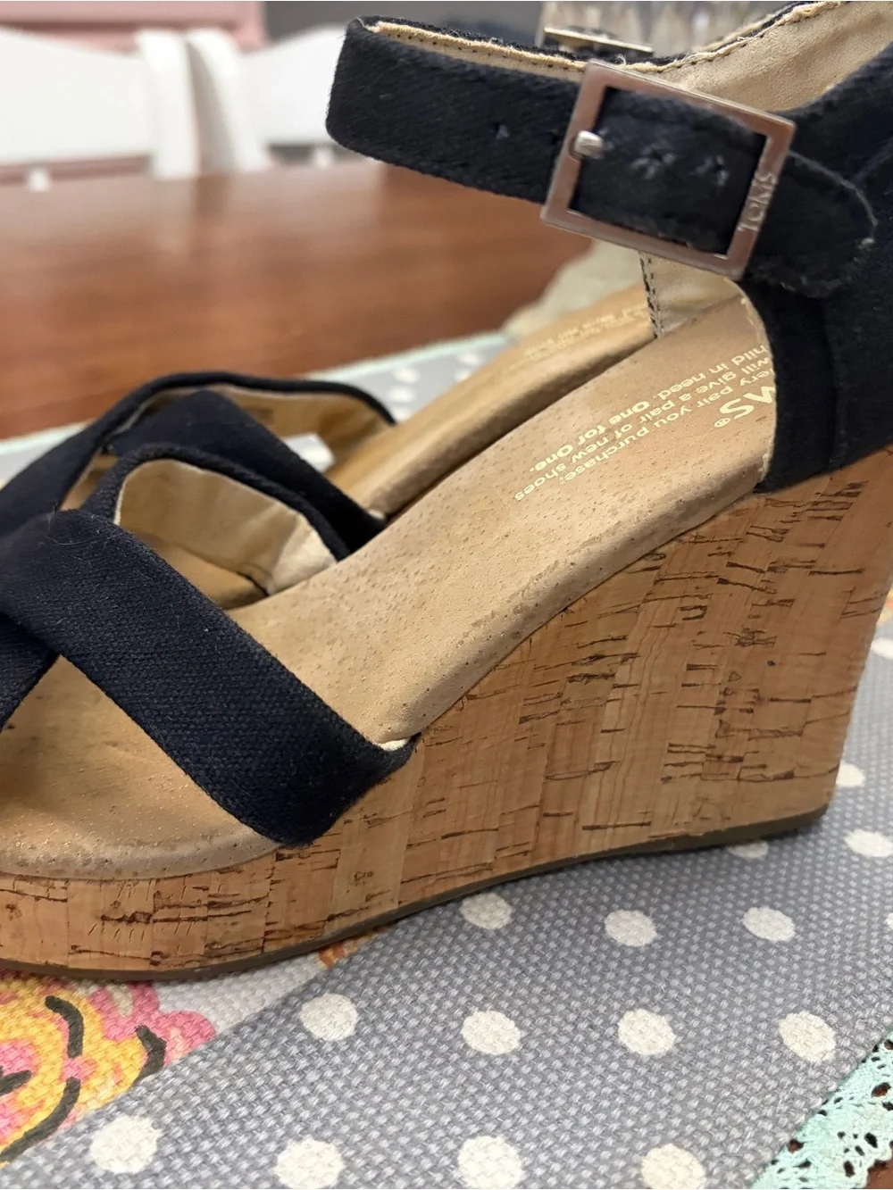 TOMS Black Cork Wedge Sandals with Ankle Strap
